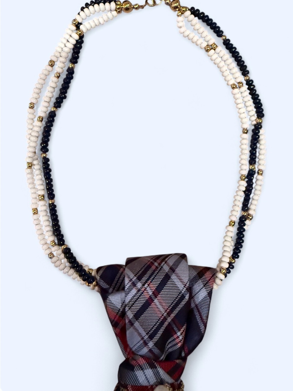 Upcycled Silk Plaid Necktie Necklace Pearl Embellishments Academia BacktoSchool - Picture 5 of 5